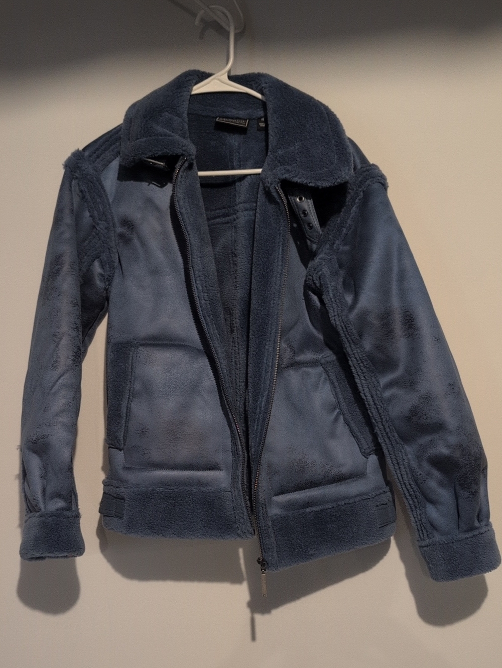 G by Giuliana Suede-Look Faux Shearling Jacket in Dusty Blue